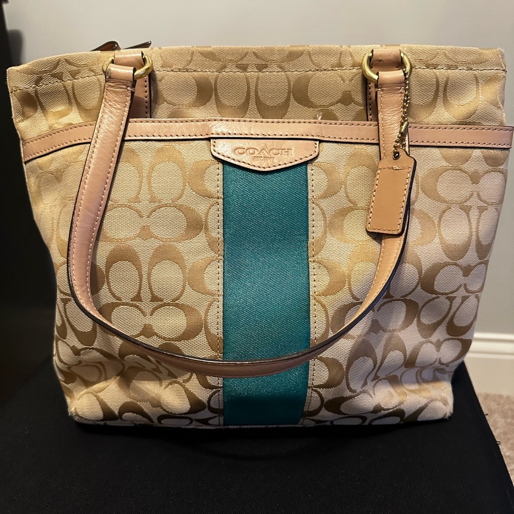 Coach tan signature with green strip, great condition.